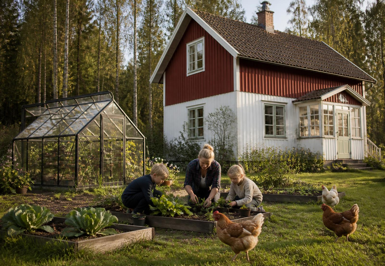 Family tending a kitchen garden beside a red wooden farmhouse with a greenhouse and hens